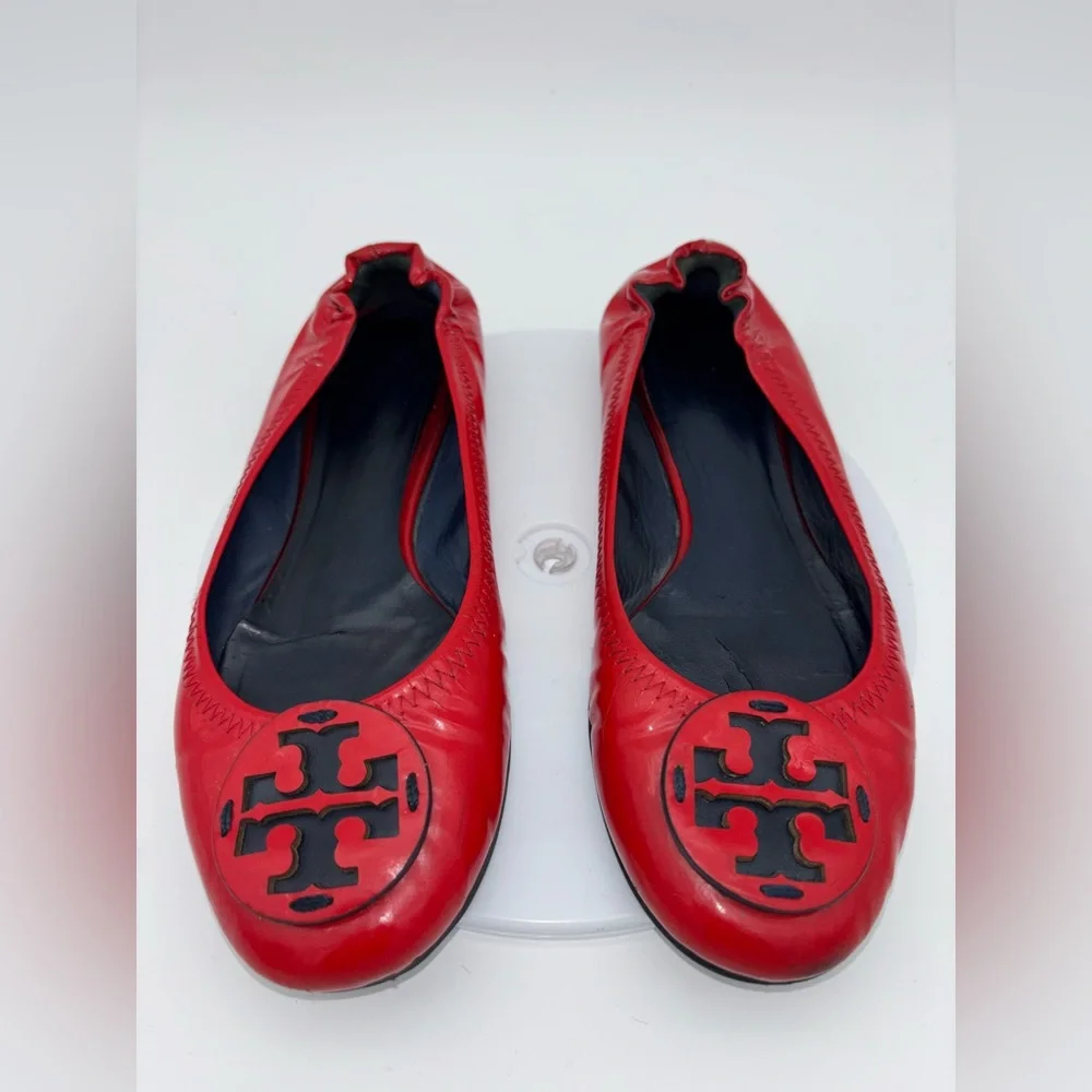 TORY BURCH Red Reva Ballet Flat Patent Leather Shoe Logo Slip On Office‎ Round 7